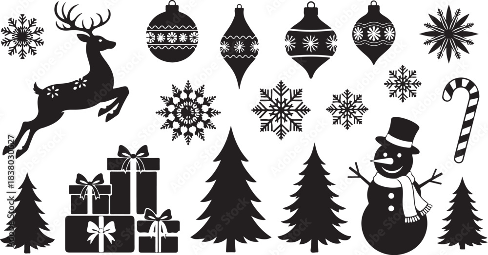 Naklejka premium Diverse black silhouette icons for Christmas and winter holidays including a leaping reindeer, snowflakes, ornaments, gifts, trees, snowman, and candy cane Keywords: Christmas, holiday, silhouette