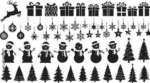 Comprehensive Set of Christmas and Winter Holiday Silhouettes with Reindeer Snowflakes Trees and Snowmen Keywords: christmas, holiday, winter, silhouette, reindeer, snowflake, christmas tree, gift