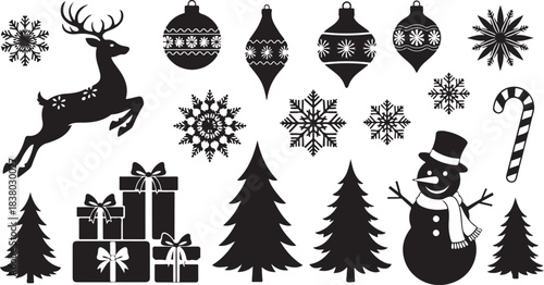 Diverse black silhouette icons for Christmas and winter holidays including a leaping reindeer, snowflakes, ornaments, gifts, trees, snowman, and candy cane Keywords: Christmas, holiday, silhouette