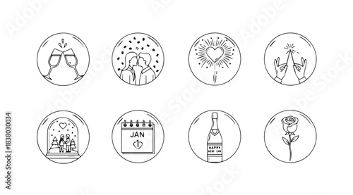 Collection of eight oval shaped hand drawn botanical and floral silhouette illustrations silhouette