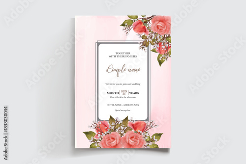 WEDDING INVITATION FRAME WITH FLOWER DECORATIONS AND FRESH LEAVES