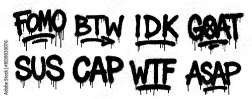 Set of trendy internet slang words in black dripping spray paint text