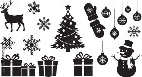 Festive Christmas Silhouettes with Reindeer Snowflakes Decorated Tree Gifts Mittens and Snowman Keywords: christmas, holiday, winter, season, celebration, december, xmas, festive, greeting, card