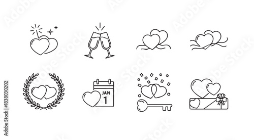 Collection of romantic wedding and love icons in a charming hand drawn silhouette style