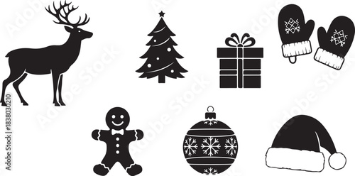 Simple Christmas Icons in Silhouette Including Reindeer Gingerbread Man and Santa Hat holiday
