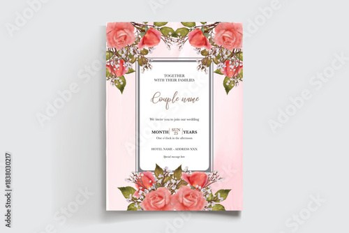WEDDING INVITATION FRAME WITH FLOWER DECORATIONS AND FRESH LEAVES