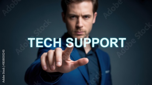 Man pointing at glowing tech support text on dark background