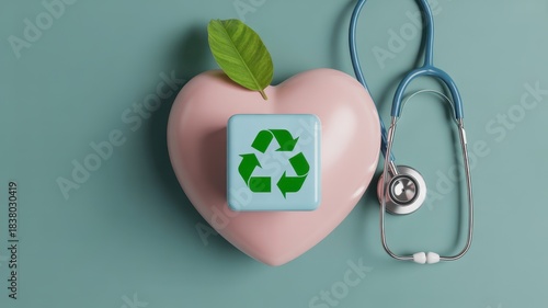 Pink heart with green recycling symbol and stethoscope on teal background