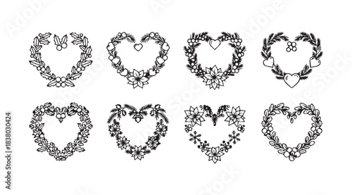 Collection of eight decorative heart shaped floral frames silhouette