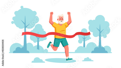 Elderly Man Celebrates Crossing Finish Line In Outdoor Race With Arms Raised High In Victory Against Blue Trees And Red Ribbon