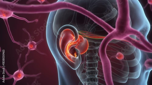 Animated 3D visualization of the human vestibular system and neurons, with a camera push-in