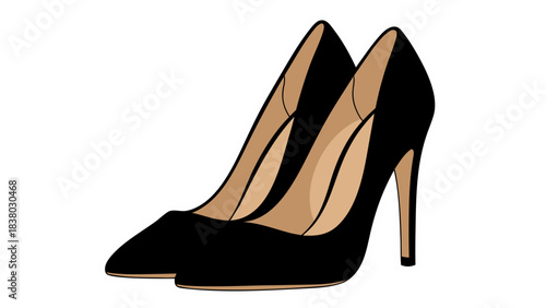 Elegant Black High Heel Shoes with Tan Lining and White Outline Against a Black Background Simple Vector Illustration