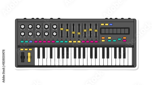 Electronic Music Synthesizer Keyboard With Knobs Faders And Buttons In A Flat Design Style And White Outline On A Black Background