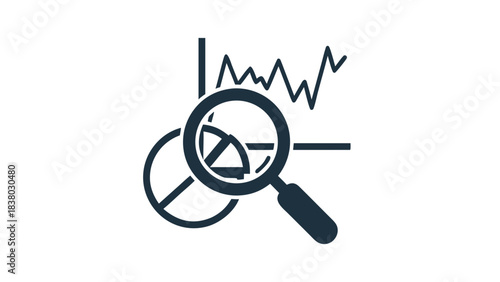 Data Analysis Magnifying Glass Over Pie Chart and Line Graph with Dark Blue Background Showing Business Growth and Financial Trends