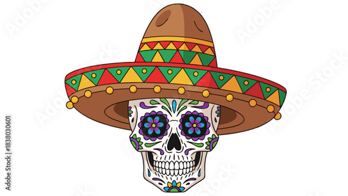 Dia De Los Muertos Skull With Sombrero Decorated With Colorful Floral Patterns And Geometric Designs Festive Celebration Mexican Culture