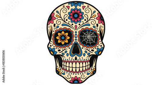 Dia De Los Muertos Sugar Skull With Floral Swirls And Mandala Patterns In Bright Colors Against A Solid Black Background With Intricate Details