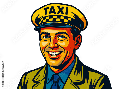 male taxi driver wearing a uniform and classic yellow taxi hat, smiling confidently. Generative ai vector colorful pop art illustration.