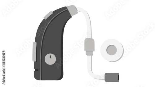 Digital Hearing Aid Device with Earbud and Cord on Black Background Modern Medical Technology for Hearing Improvement