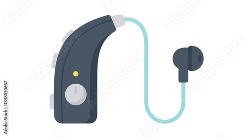 Digital Hearing Aid Device with Earphone and Volume Control Isolated on Black Background Subtle Yellow Indicator Light Visible