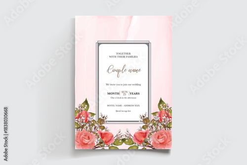 WEDDING INVITATION FRAME WITH FLOWER DECORATIONS AND FRESH LEAVES