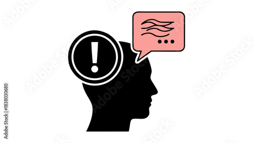 Digital Illustration of a Red Speech Bubble with Wavy Lines and Three Dots Next to an Exclamation Mark Inside a Circular Outline on a Black Background Symbolic of Communication or Alert Notification
