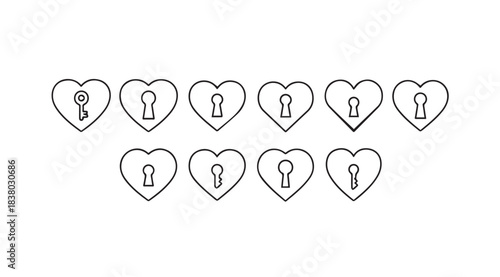Collection of heart shaped lock and key silhouettes for romance and security concepts silhouette