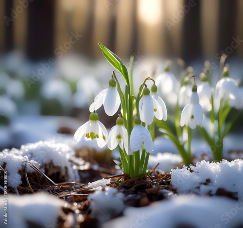 Early spring snowdrops emerging through melting snow in a pristine green winter forest