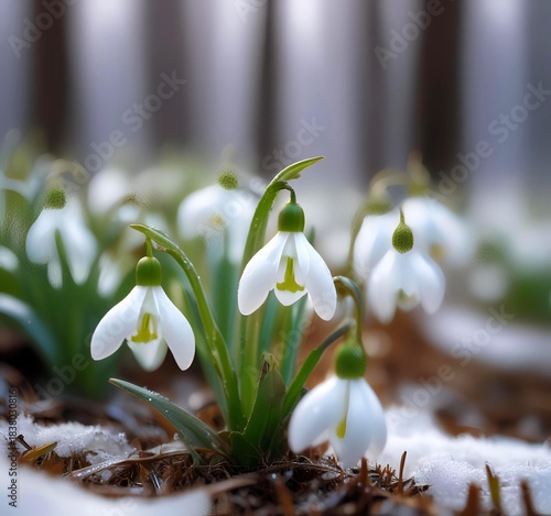 Early spring snowdrops emerging through melting snow in a pristine green winter forest