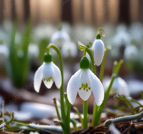 Early spring snowdrops emerging through melting snow in a pristine green winter forest