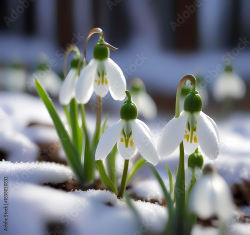 Early spring snowdrops emerging through melting snow in a pristine green winter forest