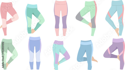 Colorful Yoga Pants on White Background Set of Different Styles