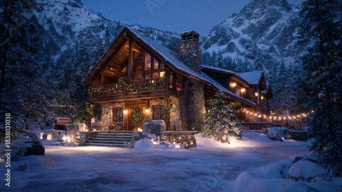 Snowy ski lodge exterior decorated with wreaths and lights,