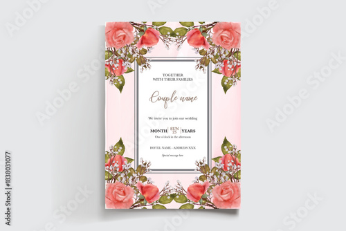 WEDDING INVITATION FRAME WITH FLOWER DECORATIONS AND FRESH LEAVES
