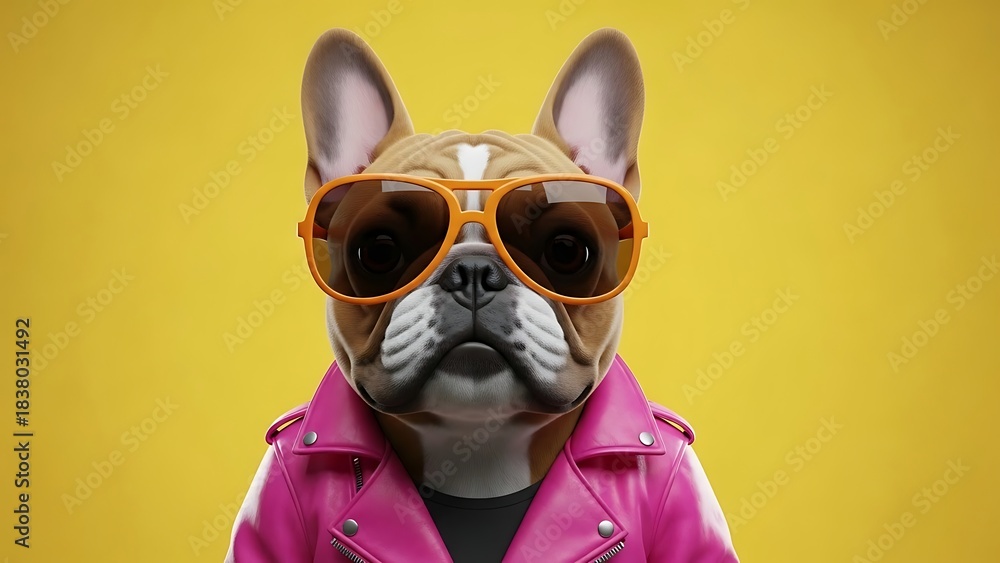 Fototapeta premium 3D Rendered Bulldog Character with Orange Sunglasses and Patterned Coat
