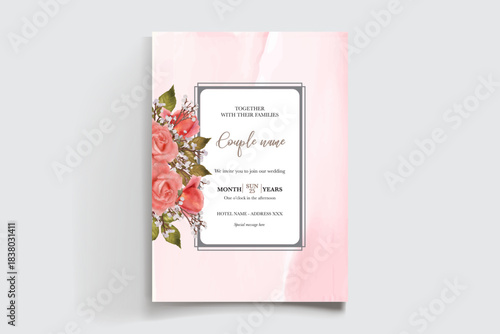 WEDDING INVITATION FRAME WITH FLOWER DECORATIONS AND FRESH LEAVES