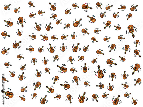 Fun repeating pattern of acoustic guitars and musical notes for music hobby background design. isolated PNG with Transparent Background