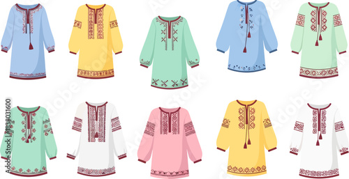 Colorful Embroidered Traditional Blouses Set with Bright Patterns for Cultural Fashion