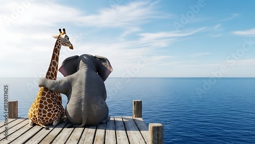 Giraffe and Elephant Side-by-Side on the Pier
