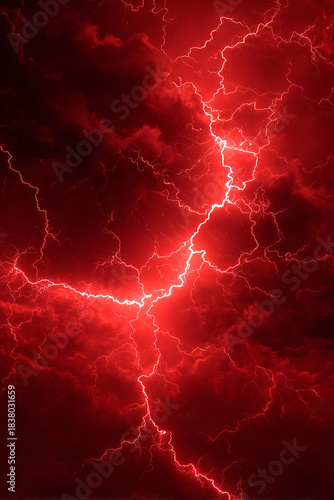 Bright red lightning strikes in dark clouds above the landscape during a storm