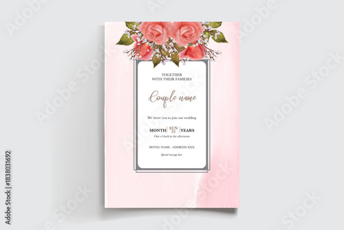 WEDDING INVITATION FRAME WITH FLOWER DECORATIONS AND FRESH LEAVES
