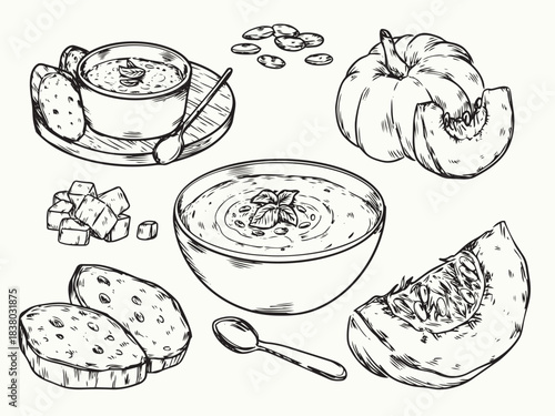 Hand drawn Outline drawing Pumpkin Soup and ingredients illustration