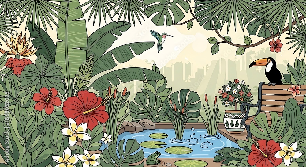 Naklejka premium Lush Tropical Garden Oasis with Toucan and Hummingbird.