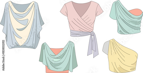 Set of Elegant Draped Blouses in Soft Pastel Colors for Fashion and Clothing