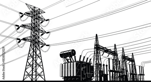 High voltage electrical substation vector illustration, power transmission tower, transformer and energy grid lines, black and white silhouette.