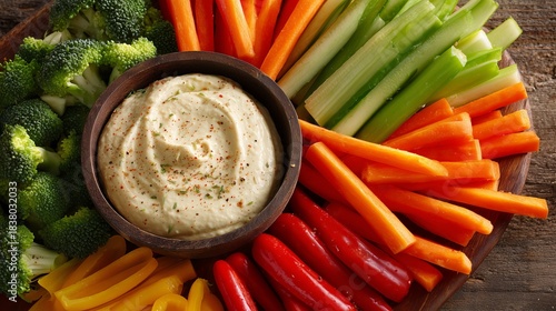 Colorful vegetable sticks with creamy hummus dip, healthy snack platter featuring broccoli, carrot, celery, bell pepper, and sweet pepper, perfect for parties or gatherings
