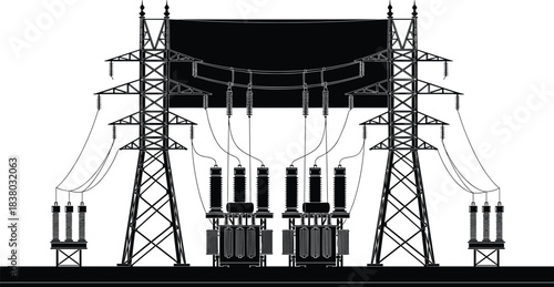 High voltage electrical substation with transformers and power transmission towers, industrial energy distribution system, electricity infrastructure illustration, engineering concept design