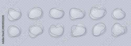 Set of design elements or frames of various shapes in the form of a drop in a liquid glass style. Graphic element of an irregular, random, round pebble shape. Vector 3D illustration.