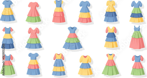 Colorful Tiered Dresses Displayed in Flat Style on White Background