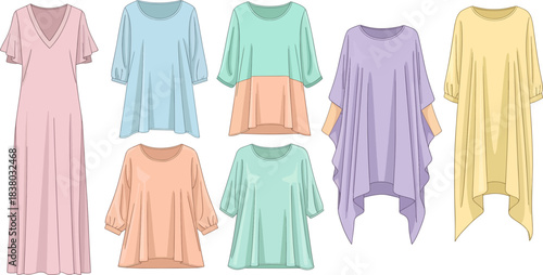 Colorful Loose Fitting Dresses and Tops in Pastel Shades Displayed on White Background