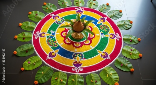 Colorful rangoli design with coconut and banana leaves